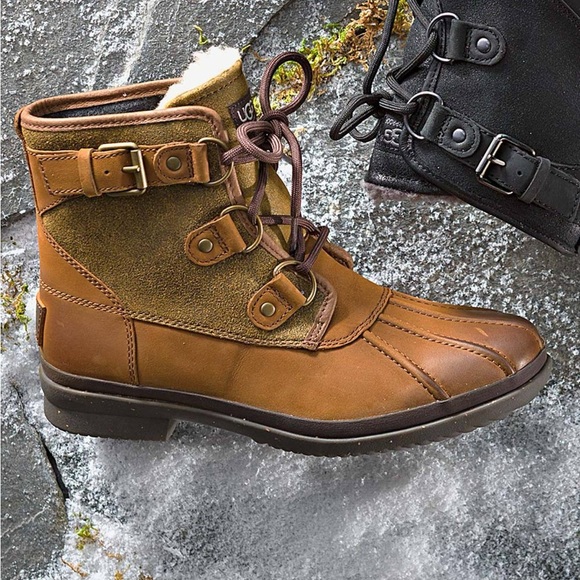 Ugg Tan Leather Cecile Fleece Lined Waterproof Lace Up Duck Boots Size 6 - Picture 3 of 15